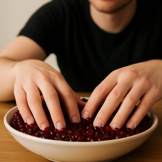 Hände einer Person bewegen sich durch rote Thermostar Sensory Beads in einer Schale – beruhigende Anwendung zur Förderung der Sensorik.