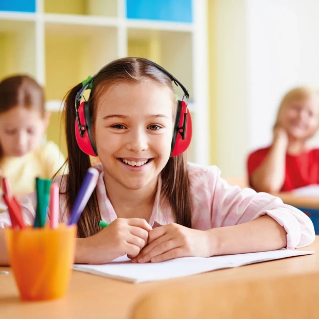 Zusammengeklappter Gehörschutz für Kinder Auris Plus in Blau zur platzsparenden Aufbewahrung