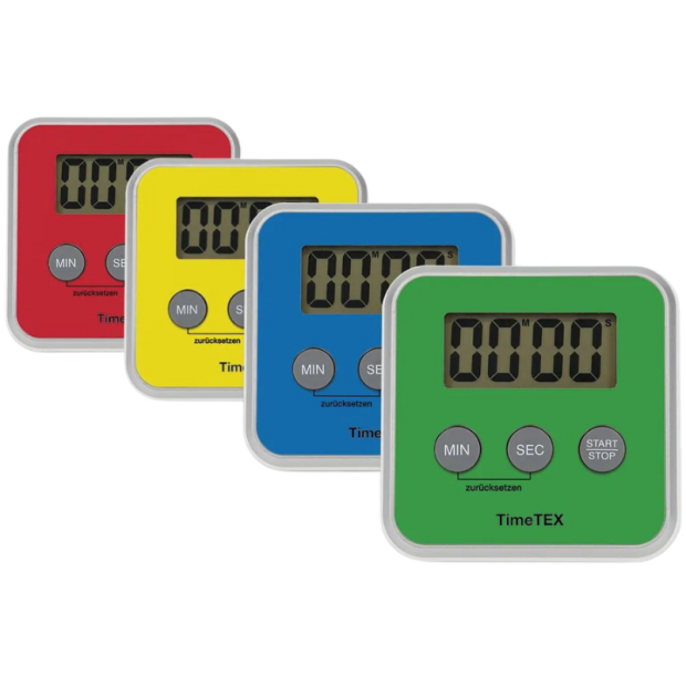 Abbildung 1: TimeTEX Zeitdauer-Uhr "Digital" compact in vier Farben nebeneinander: Rot, Gelb, Blau & Grün