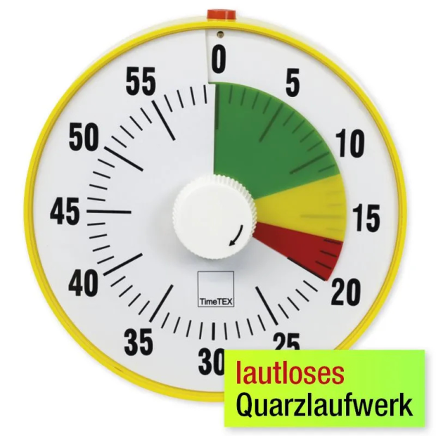 Detailaufnahme: TimeTEX Zeitdauer-Uhr „lautlos“ L mit Ampelscheibe und Beschriftung in Frontansicht