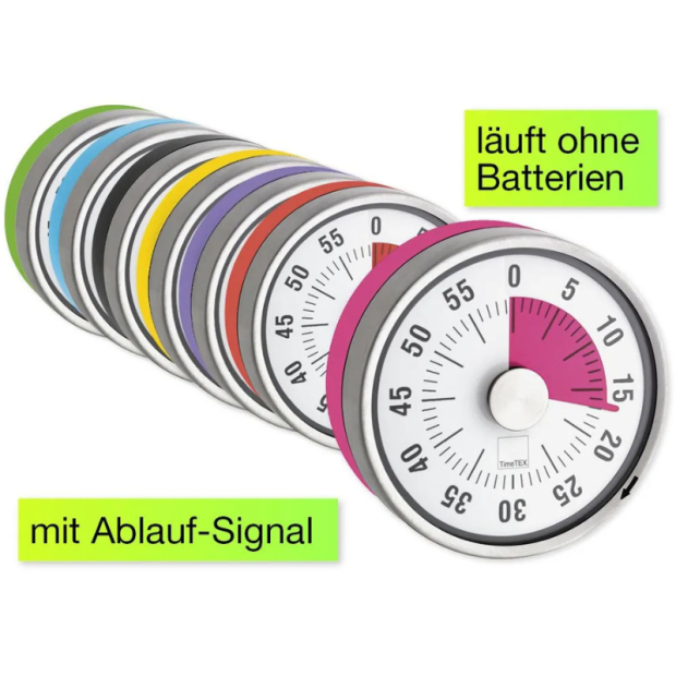 Abbildung: Zeitdauer-Uhr „Automatik“ Compact mit Magnet mit Hinweisen auf Ablauf-Signal und Batteriefreiheit