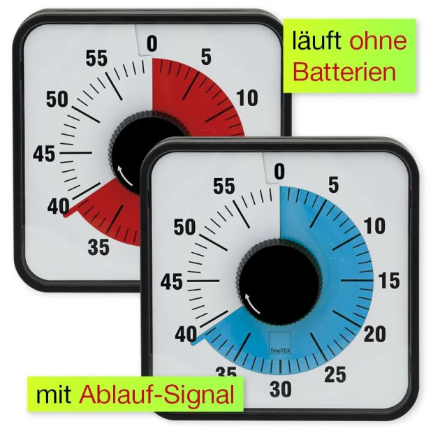 Zwei TimeTEX Zeitdauer-Uhren in Rot und Blau mit Hinweistext “läuft ohne Batterien” und “mit Ablauf-Signal”.