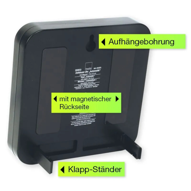 Rückseite einer TimeTEX Zeitdauer-Uhr mit magnetischer Rückseite, Aufhängebohrung und ausgeklapptem Standfuß, mit markierten Hinweisschildern.
