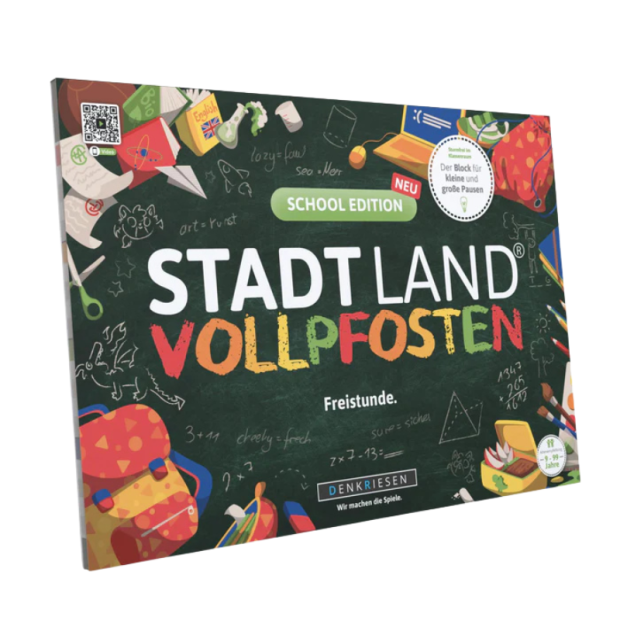 Abbildung 1: Stadt Land Vollpfosten® Spielblock School Edition in perspektivischer Ansicht mit bunter Schultafel-Optik