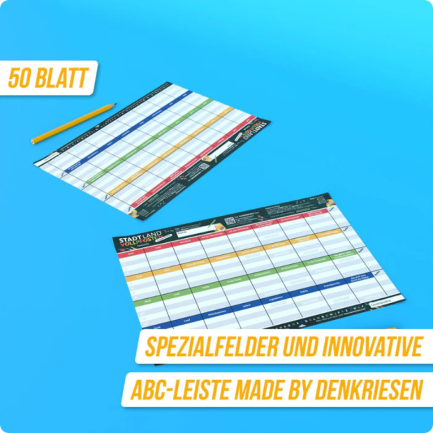 Abbildung 3: Zwei gezeigte Spielblätter des Stadt Land Vollpfosten® Spielblocks, mit Hinweis auf Spezialfelder und ABC-Leiste