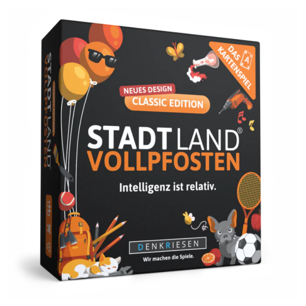 Abbildung: Verpackung Stadt Land Vollpfosten® Kartenspiel Classic Edition.