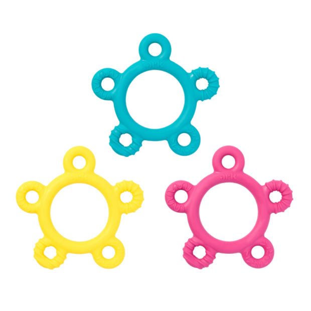 Abbildung 2: ARK Baby Donut Beißring in Gelb, Pink und Türkis in Frontansicht