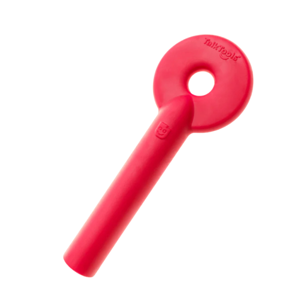 TalkTools® Bite Tube in Rot, Kau- und Beißhilfsmittel aus Silikon mit rundem Haltebereich und ergonomischem Griff, freigestellt auf weißem Hintergrund