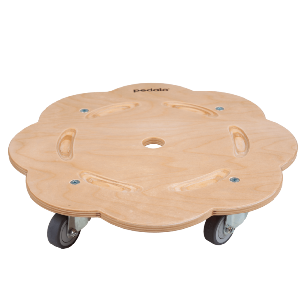 Abbildung 1: Pedalo® Stapelbaustein Rollflitzer in Blütenform mit robusten Rollen und Holzoberfläche aus Birke-Multiplex