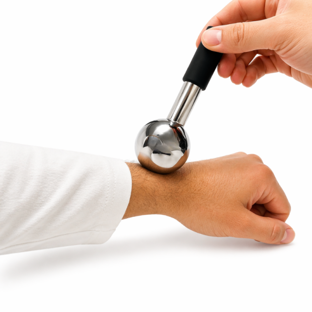 Eismassagestab Globe Groß in der Hand