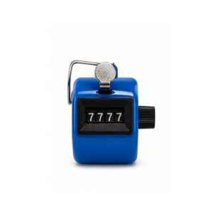 Mechanischer Handzähler blau frontal freigestellt...