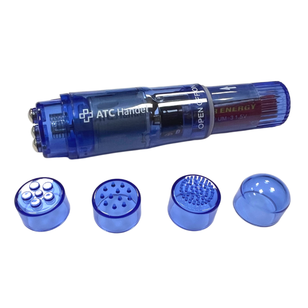 Mini Massagegerät mit 4 Aufsätzten in blau mit Batterie